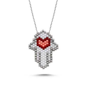 

Silver 925 Sterling Miyuki Fatma Master Hand & Heart Necklace