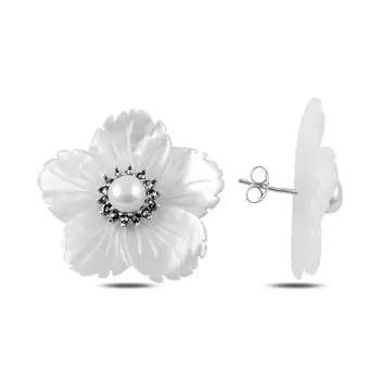 

925 Sterling Silver Flover Earring Jewelry Pearl and Marcasite Stone Fashionable Design Elegant handmade Earrings Turkey silver