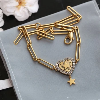 

C1466 Women's new fashioned old brass heart inlay with A zircon tassel drop star pendant letters character bamboo chain necklace