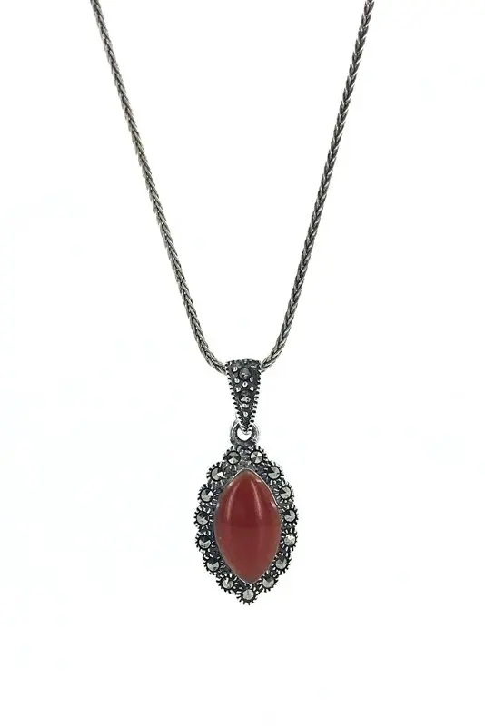 

Marquise Agate Marcasite Sterling Shuttle Long Chain Silver Necklace