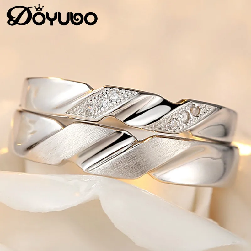 

DOYUBO Romantic 925 Sterling Silver Lovers Rings Frosted Pattern Cubic Zircon Adjustable Size Luxury Silver Couples Rings VB226