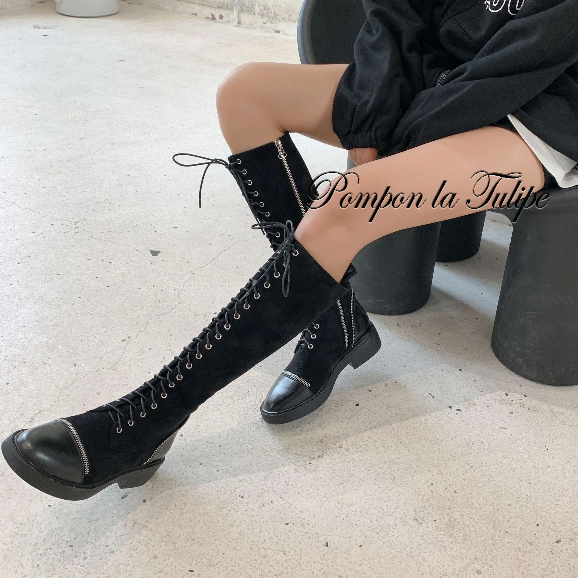 BHS/9011228 г. Стильные Классические женские сапоги до колена из натуральной коровьей кожи на шнуровке, на платформе, высотой 4,5 см Модные Ботинки martin