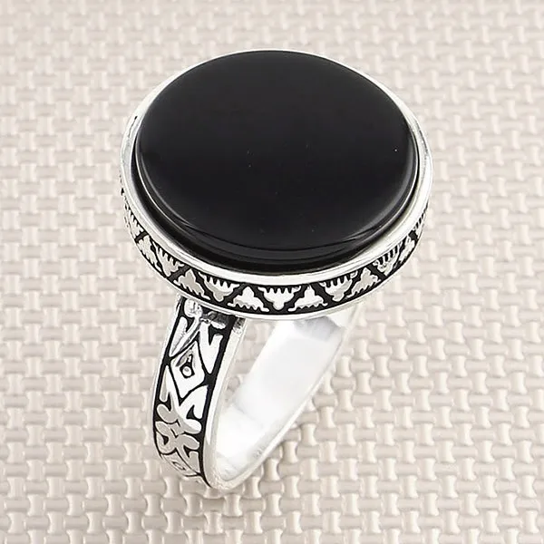 Gift For Him Natural Round Black Onyx Stone Onyx Stone Silver Ring Mens Handmade Ring