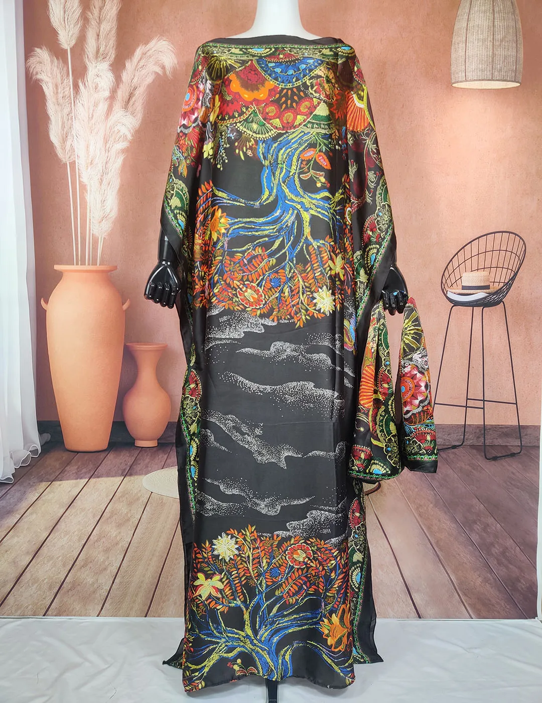 

African Dress For Women Oversize Traditional Silk Printed Kaftan Dress Kuwait Bohemian Muslim Women's Hijab Abaya For Summer