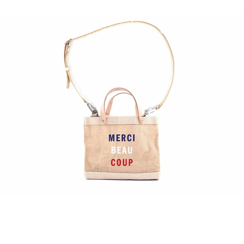 

Personalized Petite Jute Bag with Detachable Handle, Burlap Market bags with your text, Beach Shoulder bag, unique gift for her