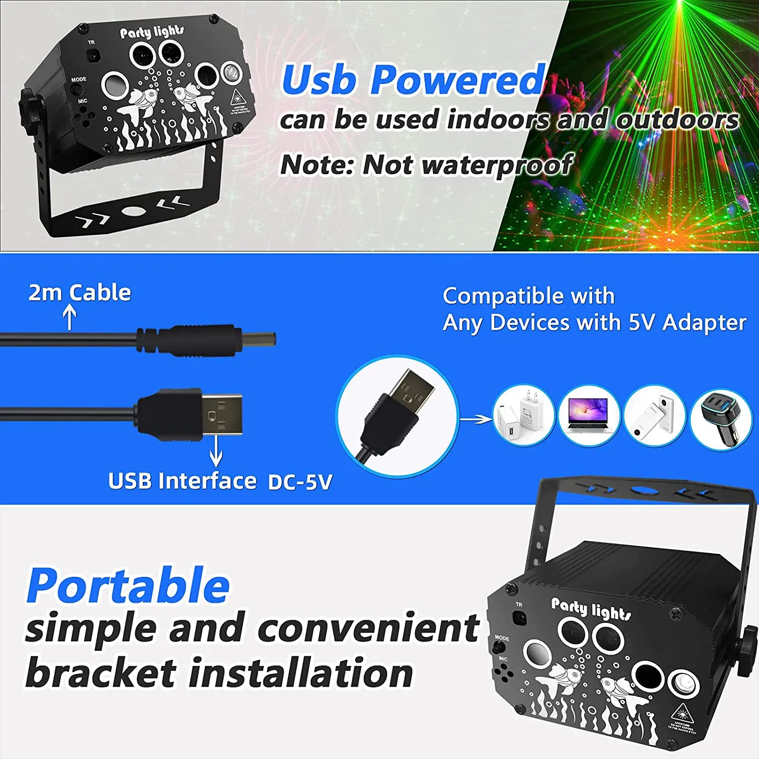 Atotalof Dj Laser Party Light Northern Lights USB Strobe Laser Lights 60in1 Pattern for Club Christmas Birthday Stage Projector