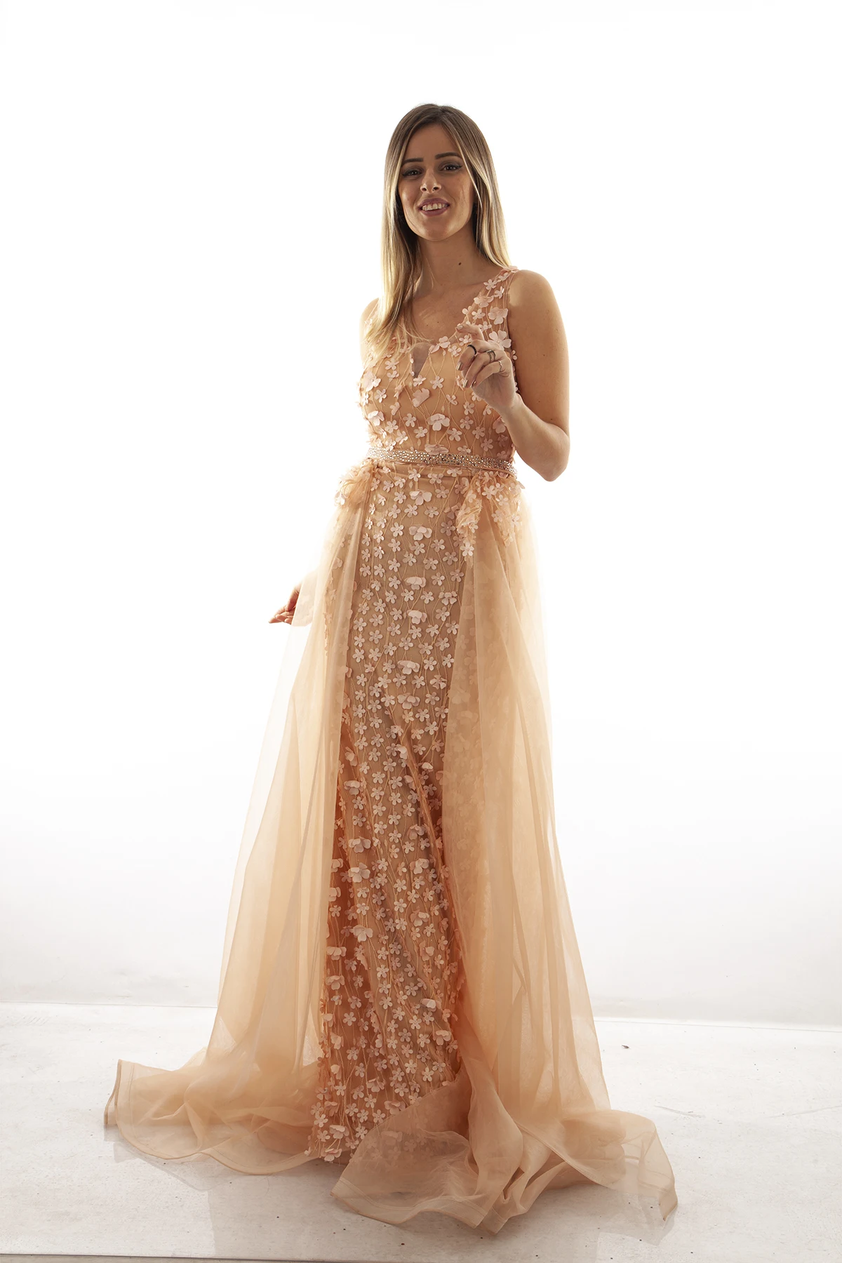 

Pretty Champagne Evening Dresses With Illusion Full Sleeves Coloful 3D Flower A-Line Tulle Prom Gowns Formal Dresses Dress 1301405-10