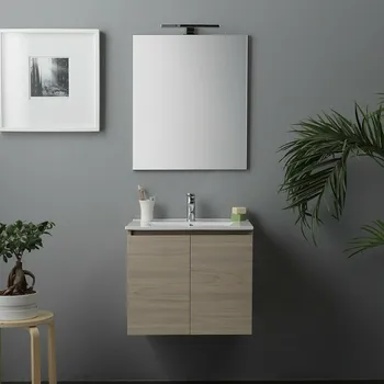 

Gibuti - Mobile bagno Sospeso in Legno con 2 Ante e Ripiani Design Moderno con Lavabo in Ceramica, Specchio E Lampada LED, marro