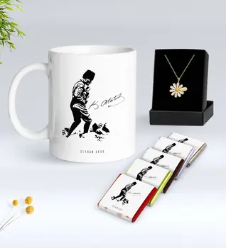 

Personalized Ataturk Themed White Mug Chocolate and Is Daisy Necklace Gift Seti-16
