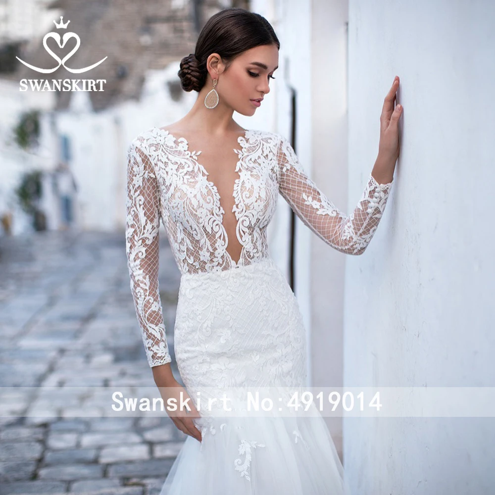 Сексуальное свадебное платье с открытой спиной, Swanskirt K311, винтажное платье с v-образным вырезом и аппликацией, Русалка, длинный рукав, платье невесты, иллюзия, Vestido de Noiva