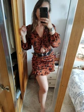 Short Dress Bow-Puff V-Neck Long-Sleeve Drawstring Ruffled Sexy Hollow-Out Mini Women