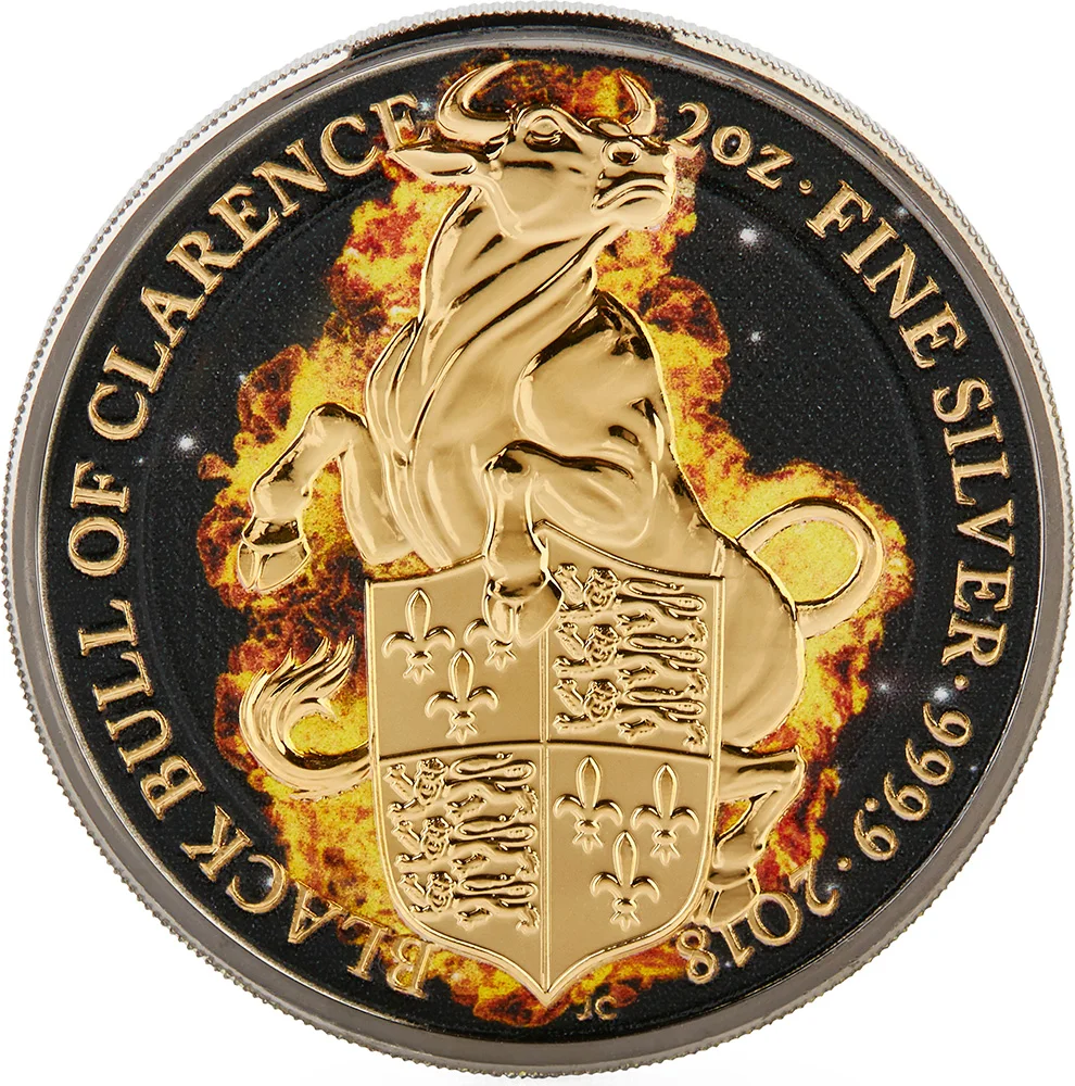 BURNING BULL queen Beasts 2 Oz Серебряная монета 5$ Великобритания
