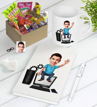 

Personalized Mr Computer Engineer Caricature Of Nostalgic Lezzetler Notebook Pen Mug Gift set