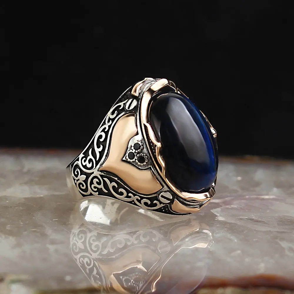 te54aBlue-925-Sterling-Silver-Ring-Men -Rings-Turkish -Jewelry - Male -Jewelry -Ring- For- Men- Women- Ring -Men -Jewelry -Made- in -Turkey