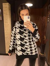White Sweater Turtleneck Long Pullover Simplee Knitted Houndstooth Black Women Warm Fashion