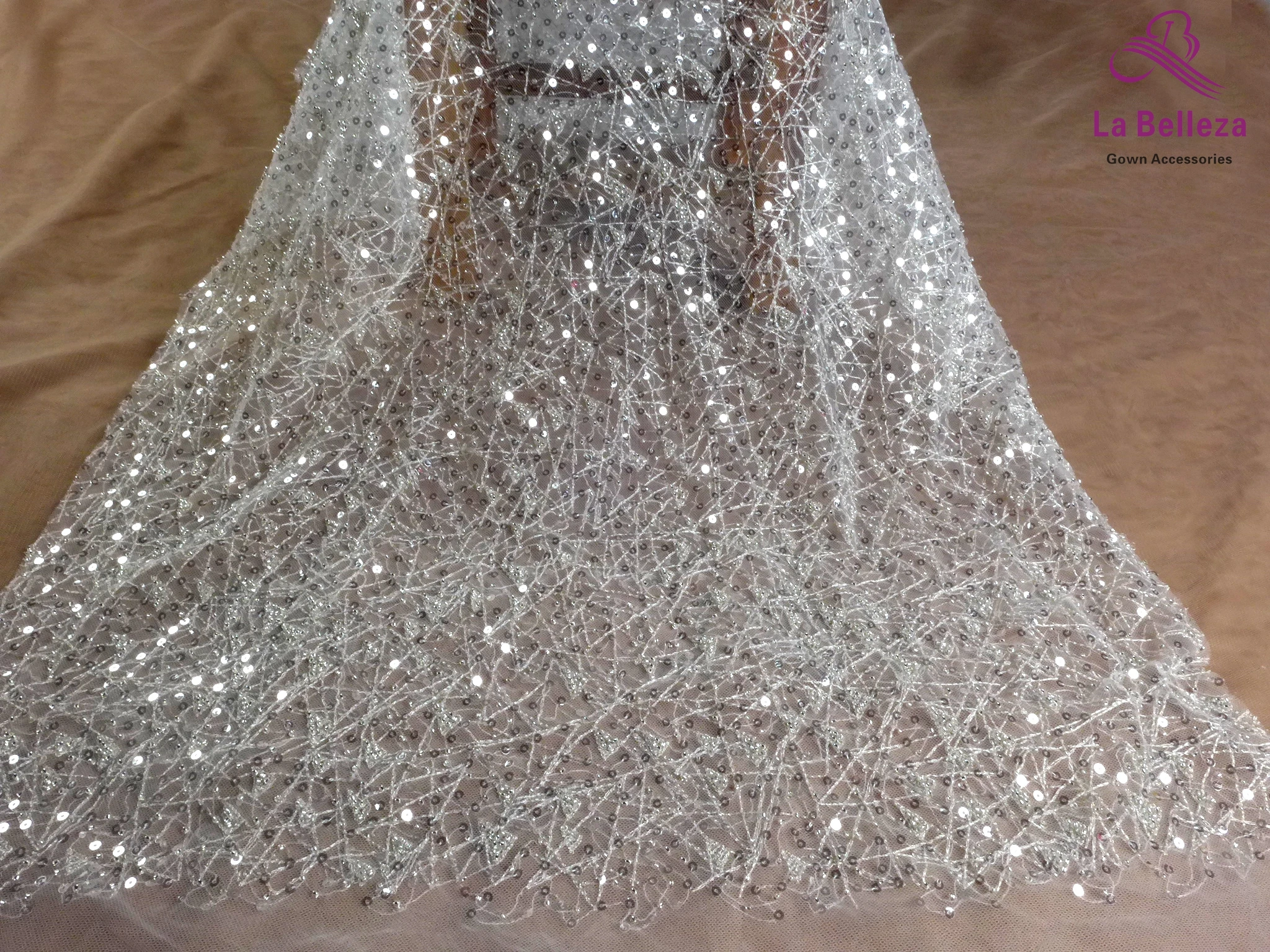 

2021 new ivory wedding lace fabric,silver beaded lace,gown lace,High patterns,sequins lace fabric 1 yard