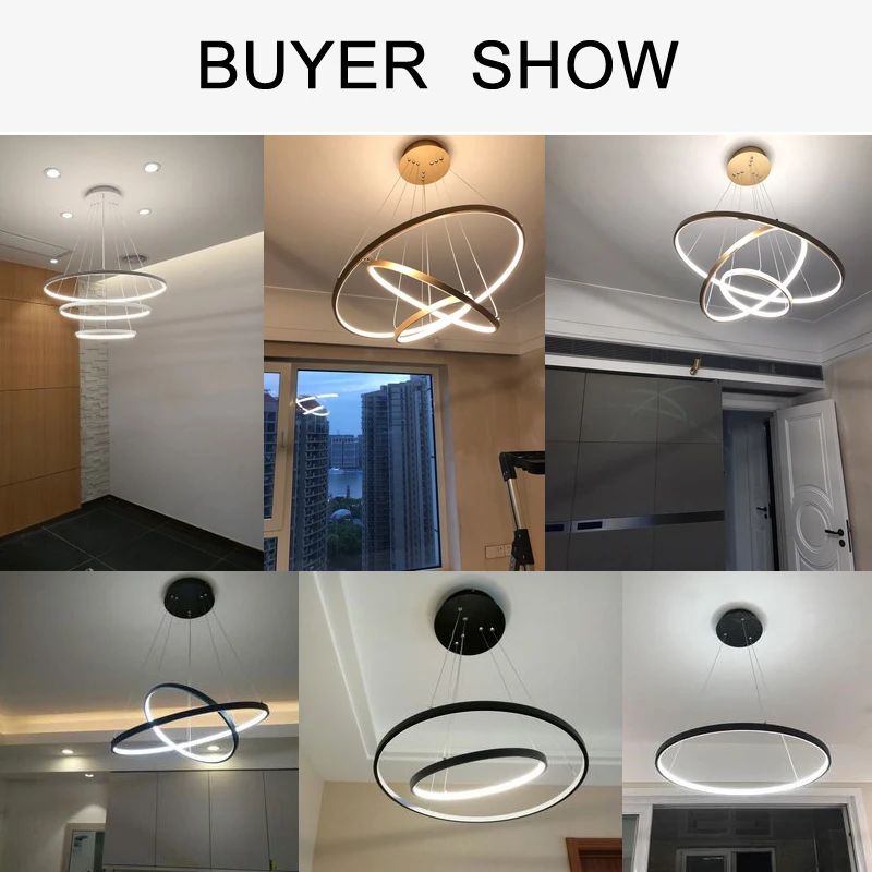 Baratos Luces colgantes LED modernas para sala de estar comedor blanco dorado café negro círculo anillos aluminio cuerpo lámpara accesorios hogar lámpara