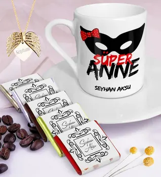 

Personalized Super Mom Coffee cup Chocolate Angel Wing Necklace Seti-1