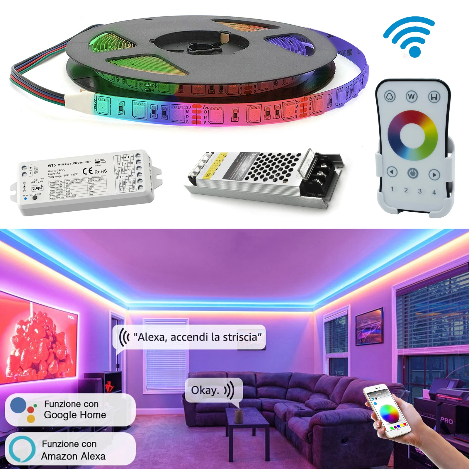 KIT Color Therapy Strip LED Colorful Light Indoor RGB WiFi Remote Control  RF 12V Voice Control Alexa Google Home 5 meters