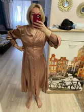 A-Line Dress V-Neck Spring Bishop-Sleeve Satin Simplee Chic Elegant Vintage High-Waist