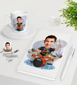 

Personalized Men 'S Baterist Caricature Of White Notebook Pen Turkish Coffee Cup set