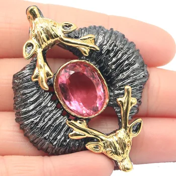 

56x42mm Awesome Big Male deer 25.6g Created Blue Topaz Pink Morganite Cool Black Gold Silver Pendant For Woman Gothic