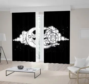 

Curtain Moon Sun Stars and Clouds Night Sky Vintage Ethnic Mythical Artwork on Dark Background Printed Black and White