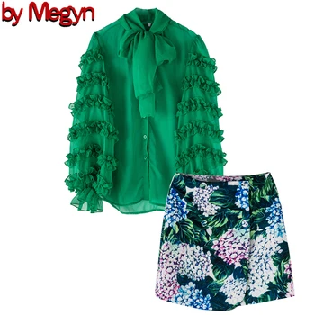 

2020 Spring Women Fashion Runway Matching Mini Skirt Set Floral Vintage Chiffon BlouseTop Short Skirt Designer Brand Plus Size