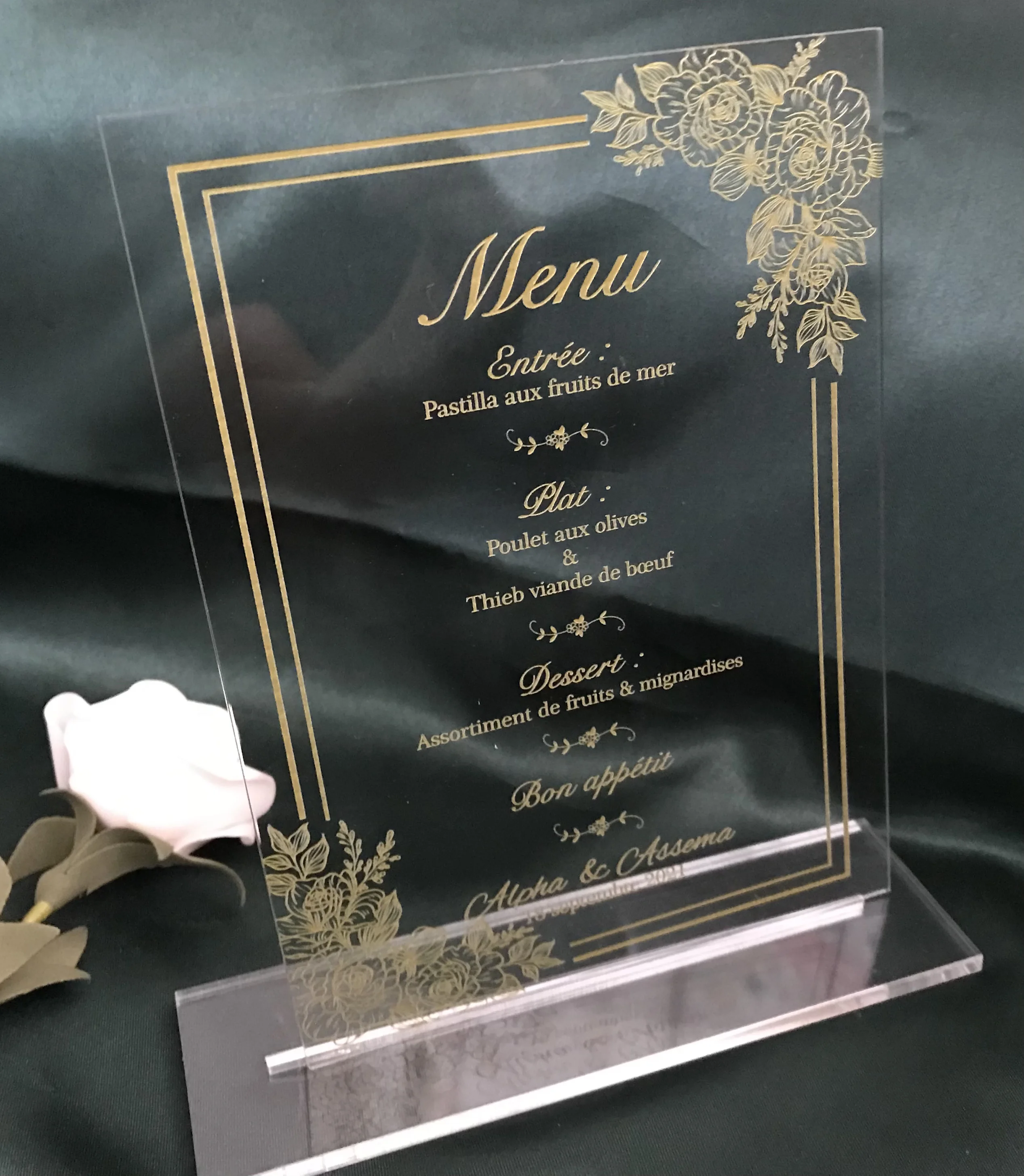 Prined Gold Rose Flower Wedding Menu,10pcs Acrylic Invitation,Acrylic Invitation,Resurant Menu,Acrylic Party Dinner Menu