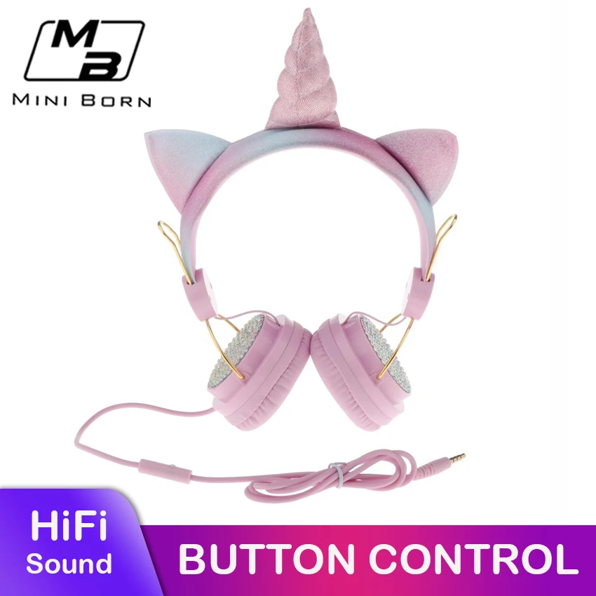 MiniBorn Children Headphones Wired Cute Unicorn Bass Foldable Headset Over the Ear Headphone Gaming Headset