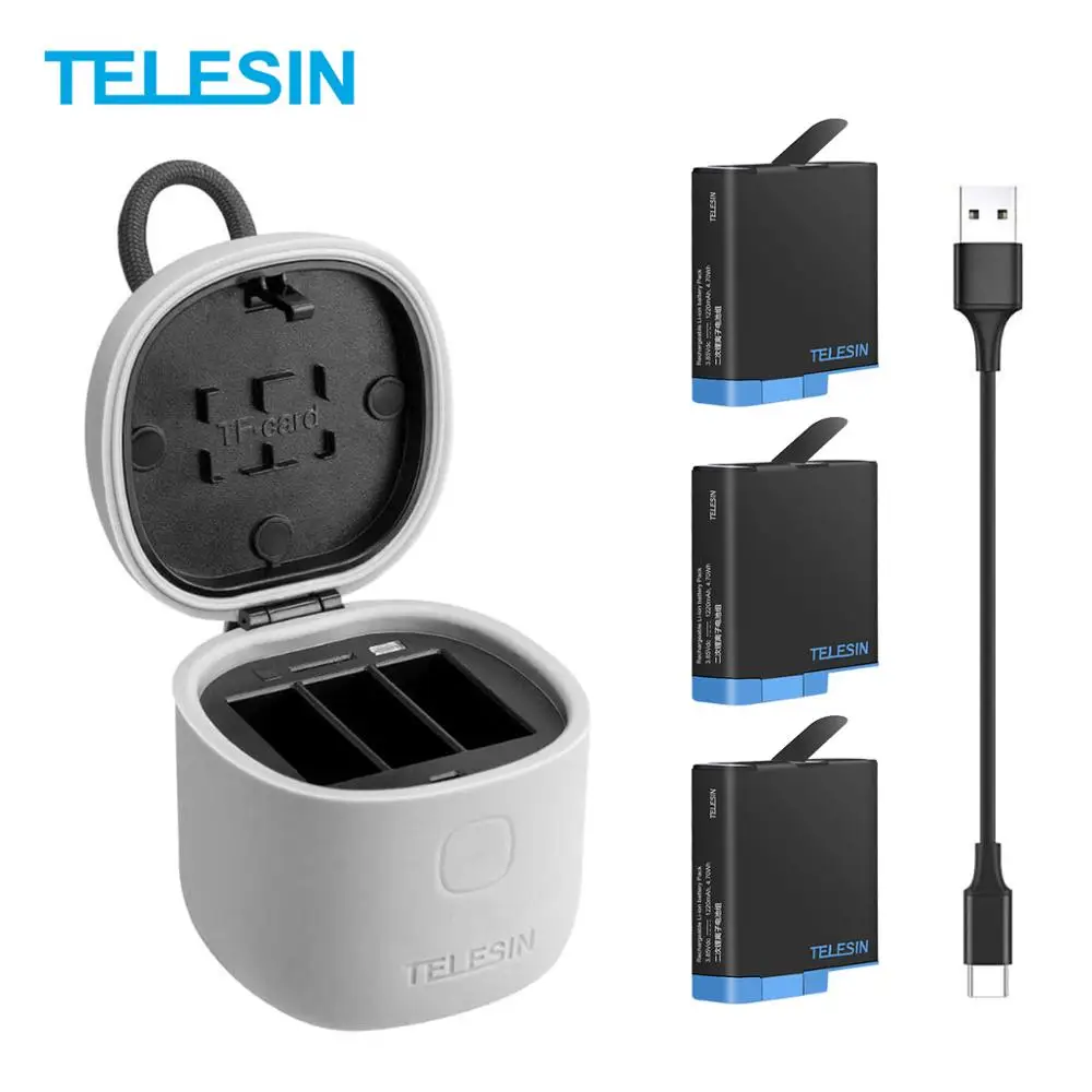 TELESIN 3 PACK Battery with Charger Box + TF Card Reader + type C Charging Cable for GoPro 8 7 6 5 Black  Camera Accessories