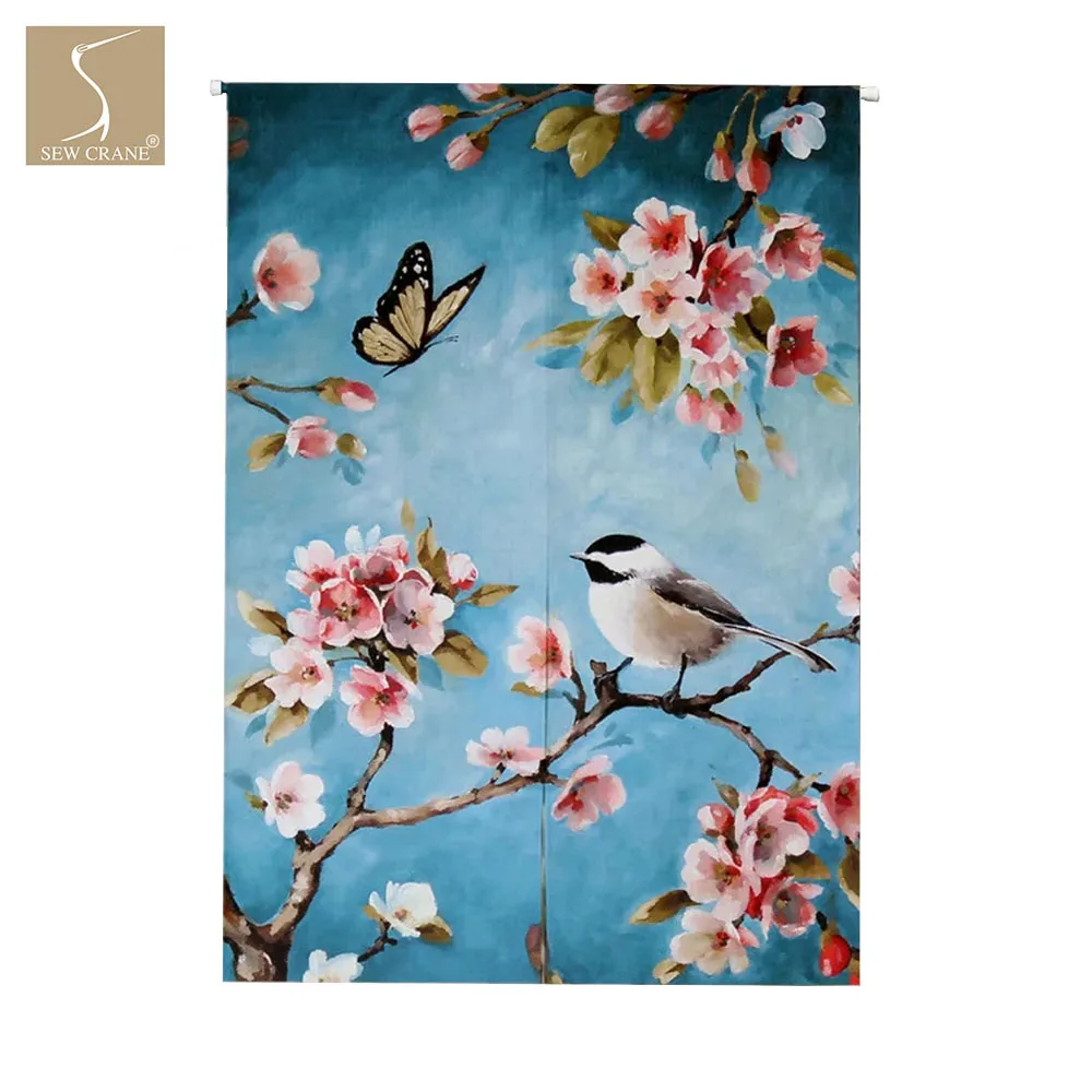 Весенняя птица на цветущем вишневом дереве ветка бабочка синий дом ресторан японский Норен двери шторы дверной проем перегородка