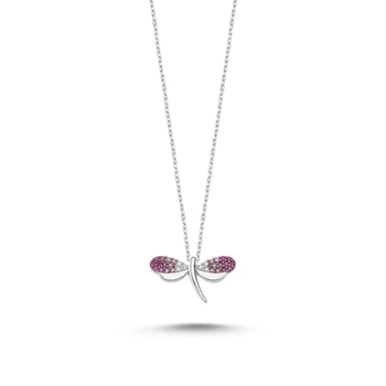 

Silver 925 Sterling Pink Grayscale Zircon Dragonfly Necklace