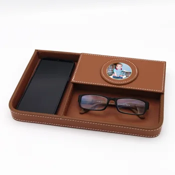 

Leather organizer for desktop - Metal medallion to choose - Black Color - customization is included in the price.