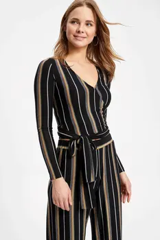 

DeFacto Woman Striped V-neck Chiffon Blouse Women OL Style Long Sleeve Female Blouse Tops New Arrivals-K9261AZ18CW