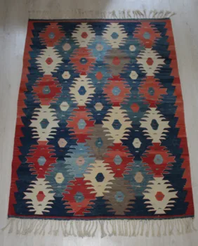 

Turkish, Oushak Handmade Blue and Red Kilim Rug