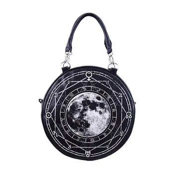 

Tiberio Dark Side RESTYLE Full Moon Print Studded Nu Goth Shoulder Bag in Black Synthetic Leather Gothic Punk Rock Witch Occult