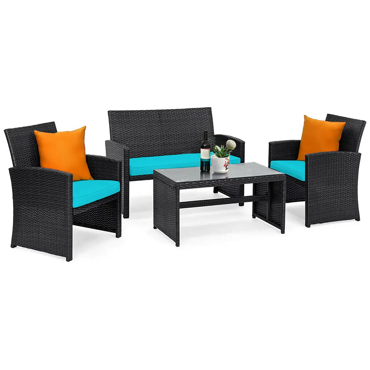 

4PCS Patio Rattan Furniture Conversation Set Cushion Sofa Table Garden Turquoise HW63239TU