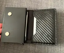 DIENQI-Monedero con revestimiento de metal para hombre, minitarjetero con antibloqueo Rfid, adecuada para guardar tarjeta de identificación, de cuero, monedero masculino de carbono con cremallera