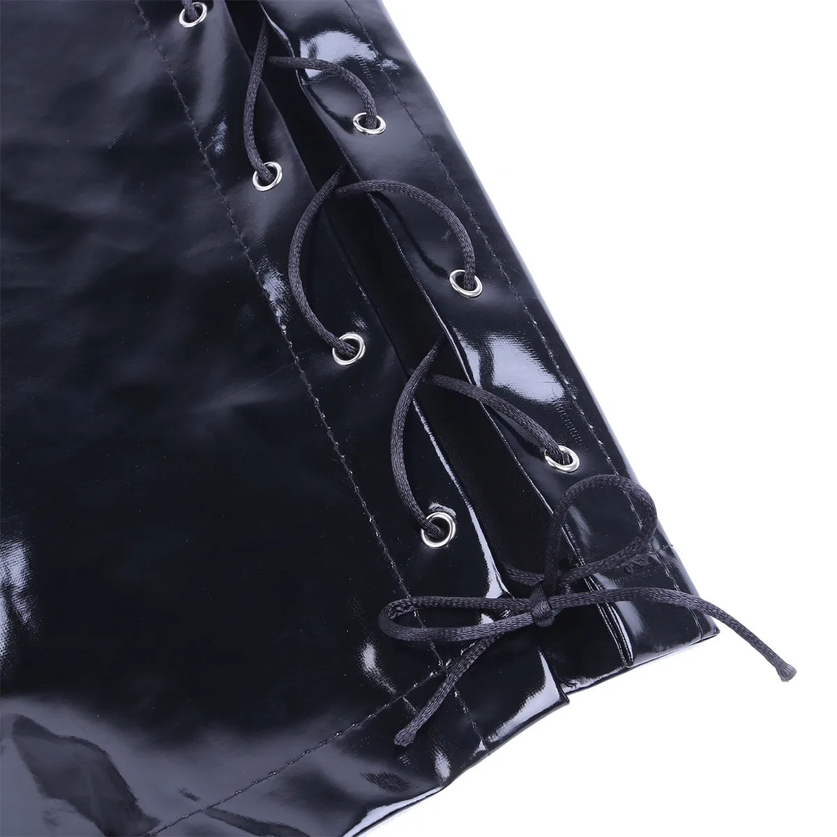 Mens Sexy Open Crotch Leather Short Pants For Sex Latex Bodycon Zipper Crotchless Patent Leather Fetish Boxer Lace up Beside