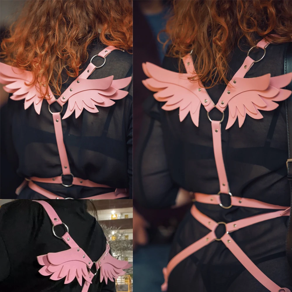 Angel Wings Harness Women Set Pink PU Leather Garter Belt Gothic Suspender Body Bondage Waist Thigh Strap Sexy Lingerie Cage