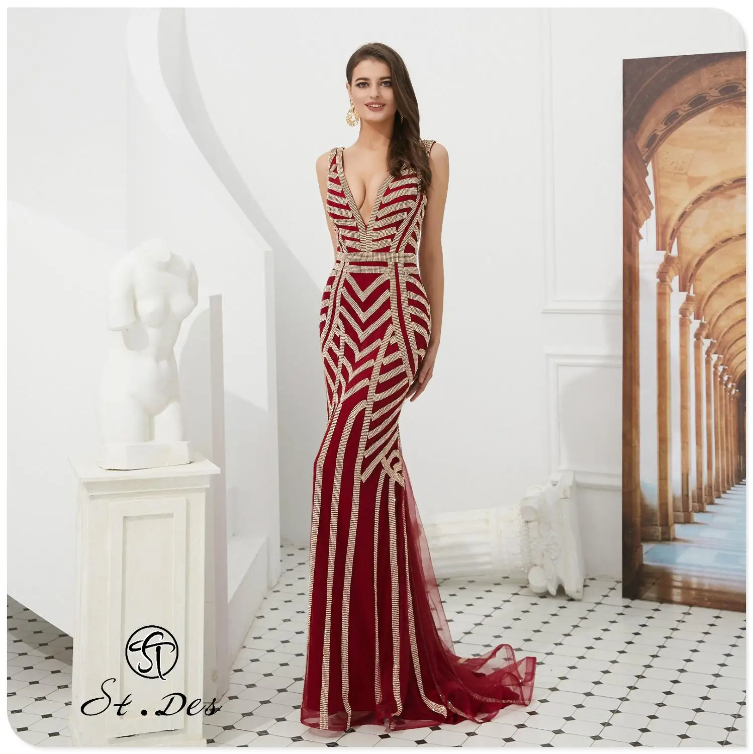 

NEW 2020 St.Des Mermaid V-Neck Russian Wine Champagne Beading Sleeveless Designer Floor Length Evening Dress Party Dress
