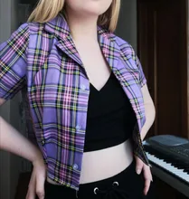 Crop Shirt Button-Up Summer Blouse Ladies Tops Streetwear Plaid Vintage Elegant Women