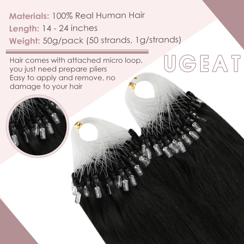 Ugeat Micro Loop Ring Hair Extensions Human Hair 14-24" Pure Color Real Extensions Micro Beads Extension 50g/pack
