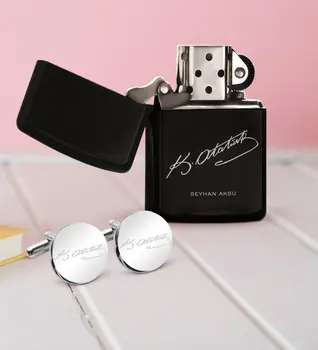 

Personalized Ataturk Signed Round Cufflinks Lighter Set