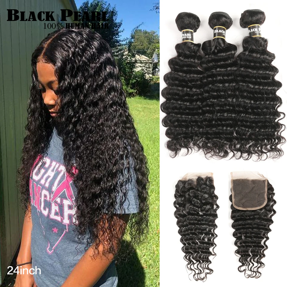 

Black Pearl Deep Wave Bundles With Closure Remy Malaysian Hair 30 Inch Bundles With Closure 3 Bundles With Closure Human Hair