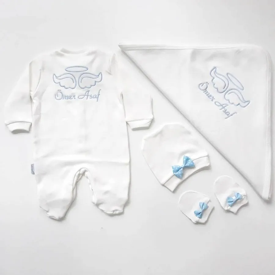 

Hospital Output Set New Born Baby Embroidered 5 Piece 100 Cotton Production Custom Name lettering Custom Box Baby kit 2021 summer