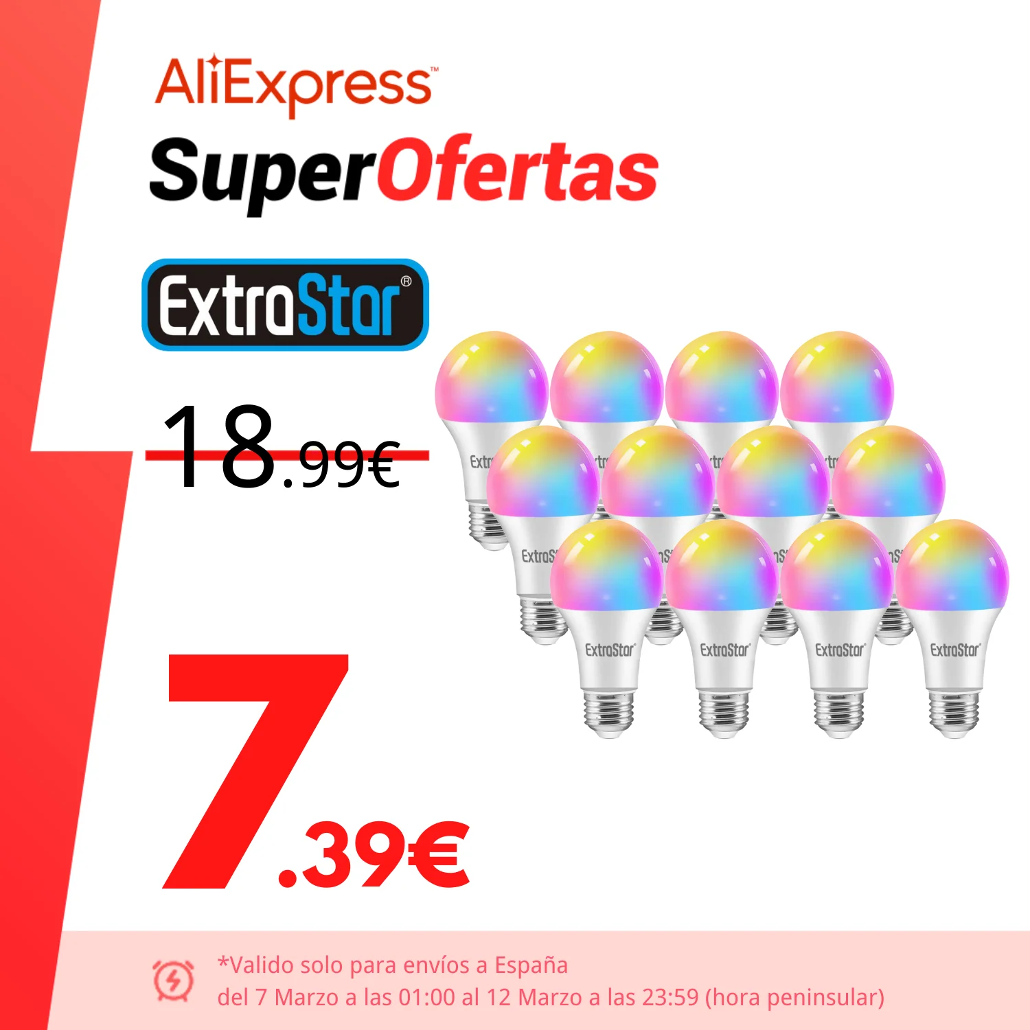 ExtraStar®Only 10W E27 smart LED bulb warm/cold lights & RGB, lamp works with Alexa Google at 2.4GHz
