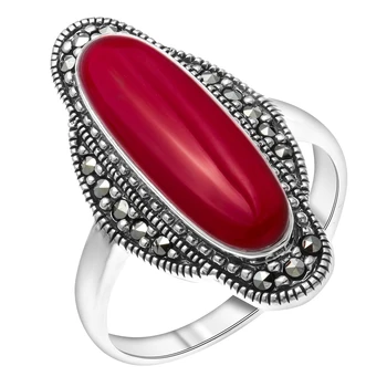 

Silver ring with coral imit. And Marcasite