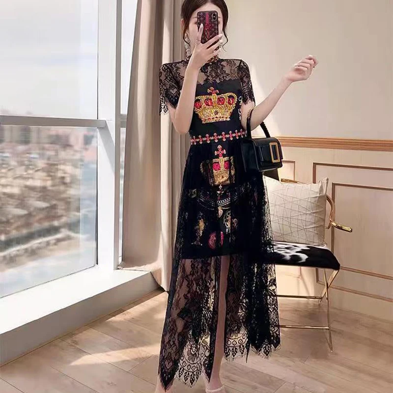 

Women's 2023 Summer Dress Black Lace Small Black Skirt Long Skirt Waist Closing Dress Prom Dresses